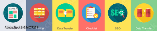 A set of 6 SEO icons as graph, hosting, data transfer