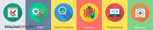A set of 6 SEO icons as management, settings, search analytics
