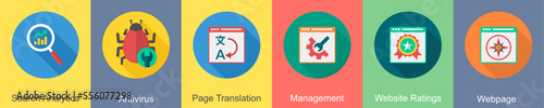 A set of 6 SEO icons as search analytics, antivirus, bug