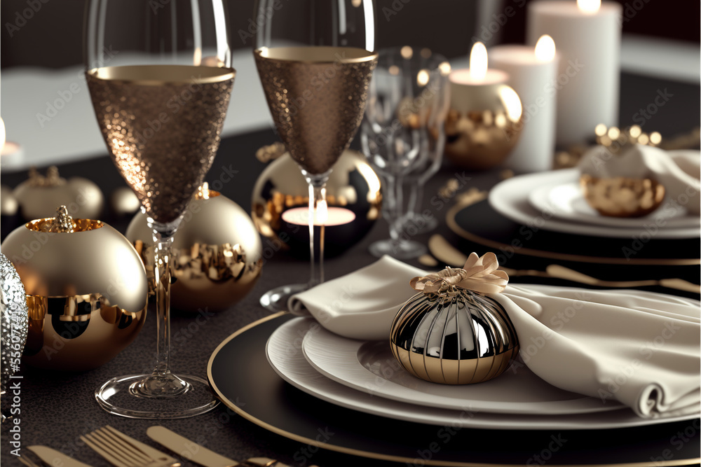 shot of a New Year's Eve party table setting with champagne glasses and party favours (AI Generated)