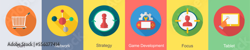 A set of 6 SEO icons as cart, network, strategy