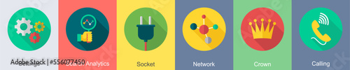 A set of 6 SEO icons as settings, search analytics, socket