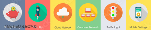 A set of 6 SEO icons as money savings, start up, boost up