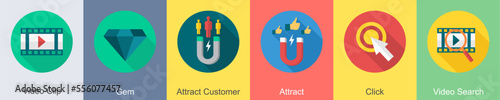 A set of 6 SEO icons as video clip, gem, attract customer