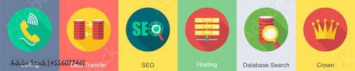 A set of 6 SEO icons as calling, data transfer, seo