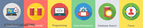 A set of 6 SEO icons as responsive, data transfer, programming