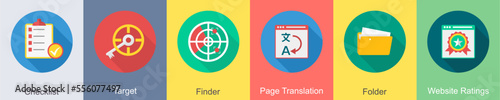 A set of 6 SEO icons as checklist, target, finder