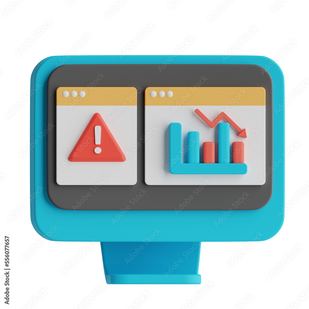 computer with diagram and graph on screen 3d icon. Render computer with data analysis for business finance investment computer with diagram and graph on screen 3d icon. Render computer with data analysis for business finance investment