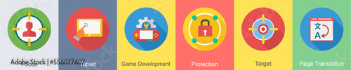 A set of 6 SEO icons as focus, tablet, game development