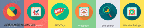 A set of 6 SEO icons as pie chart, management, seo tags