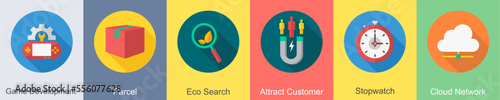 A set of 6 SEO icons as game development, parcel, eco search