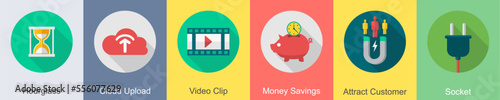 A set of 6 SEO icons as hourglass, cloud upload, video clip