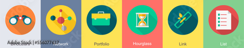 A set of 6 SEO icons as binoculars, network, portfolio