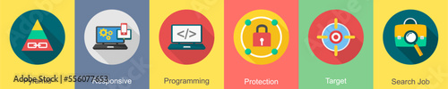 A set of 6 SEO icons as pyramid, responsive, programming