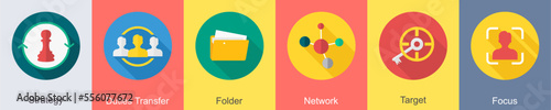 A set of 6 SEO icons as strategy, duties transfer, folder