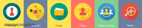 A set of 6 SEO icons as strategy, network, folder
