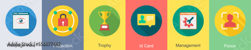 A set of 6 SEO icons as webpage view, protection, trophy