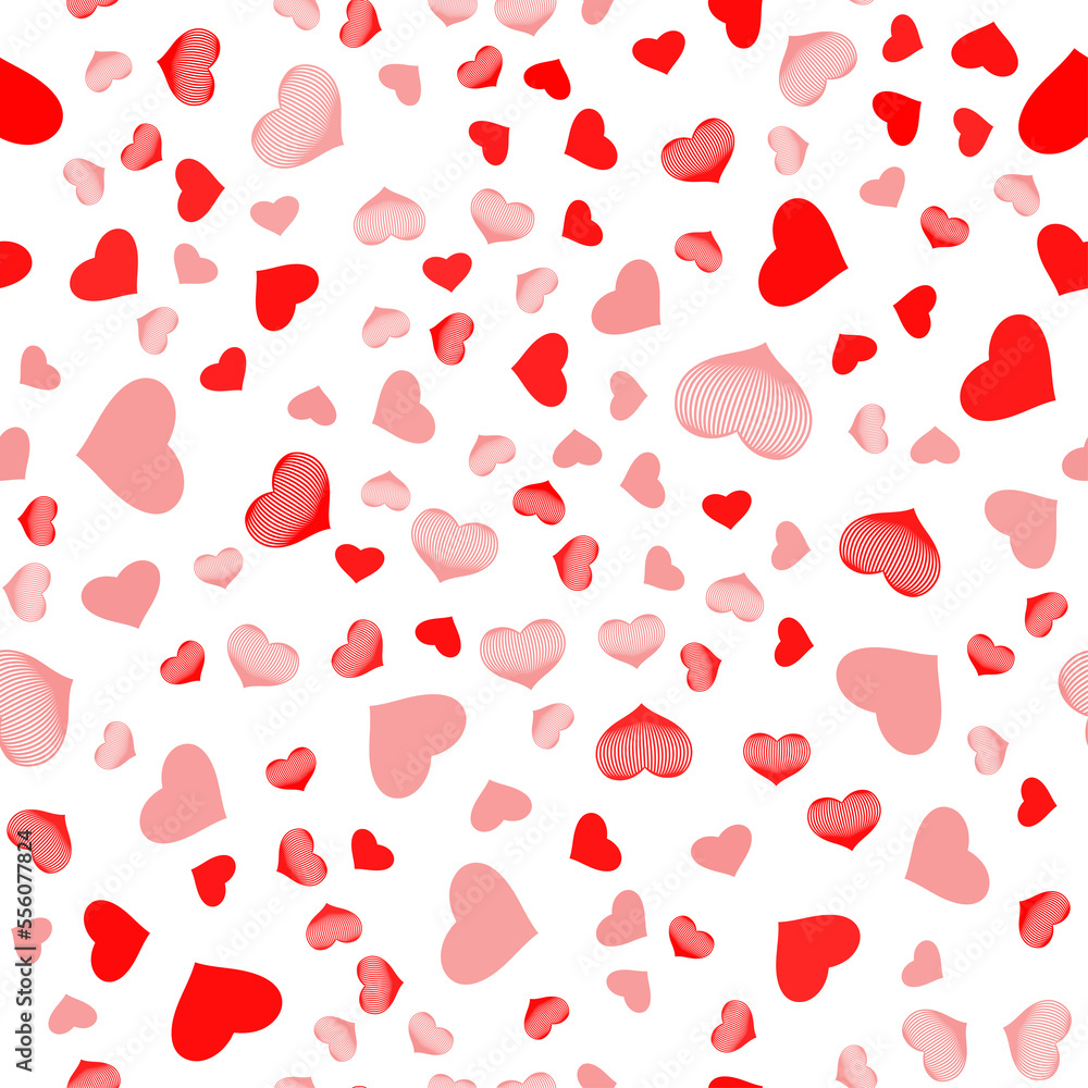 Seamless pattern of simple red and pink hearts. Hand drawn style