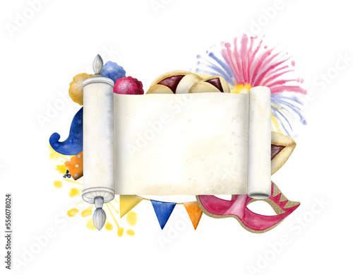 Happy Purim scroll frame with space for text, symbols, megilat Esther, mask, fireworks, cookies, sparklers, crackers photo