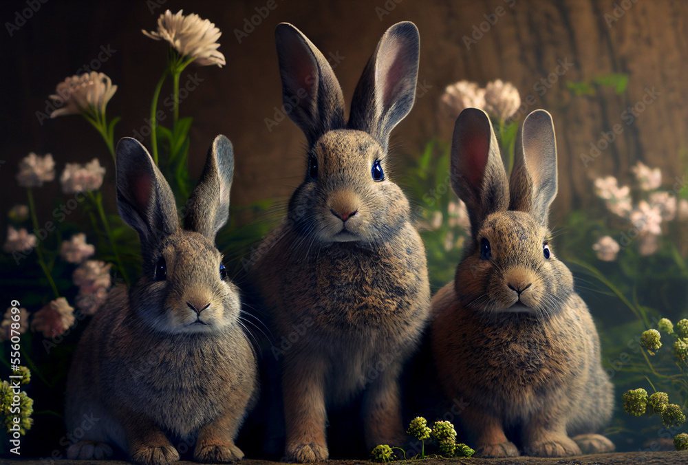 Obraz premium Three Cute Little Rabbits Sitting in Flowers and Green Leaves. Generative AI Art. Easter Concept.