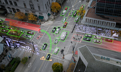 Fotobehang Voertuigen Autonoom rijden in slimme stad simulatie  © Choi_ Nikolai