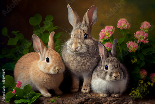 Three Cute Little Rabbits Sitting in Flowers and Green Leaves. Generative AI Art. Easter Concept.