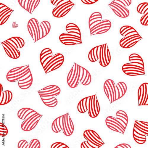 Seamless pattern of simple red and pink hearts. Hand drawn style