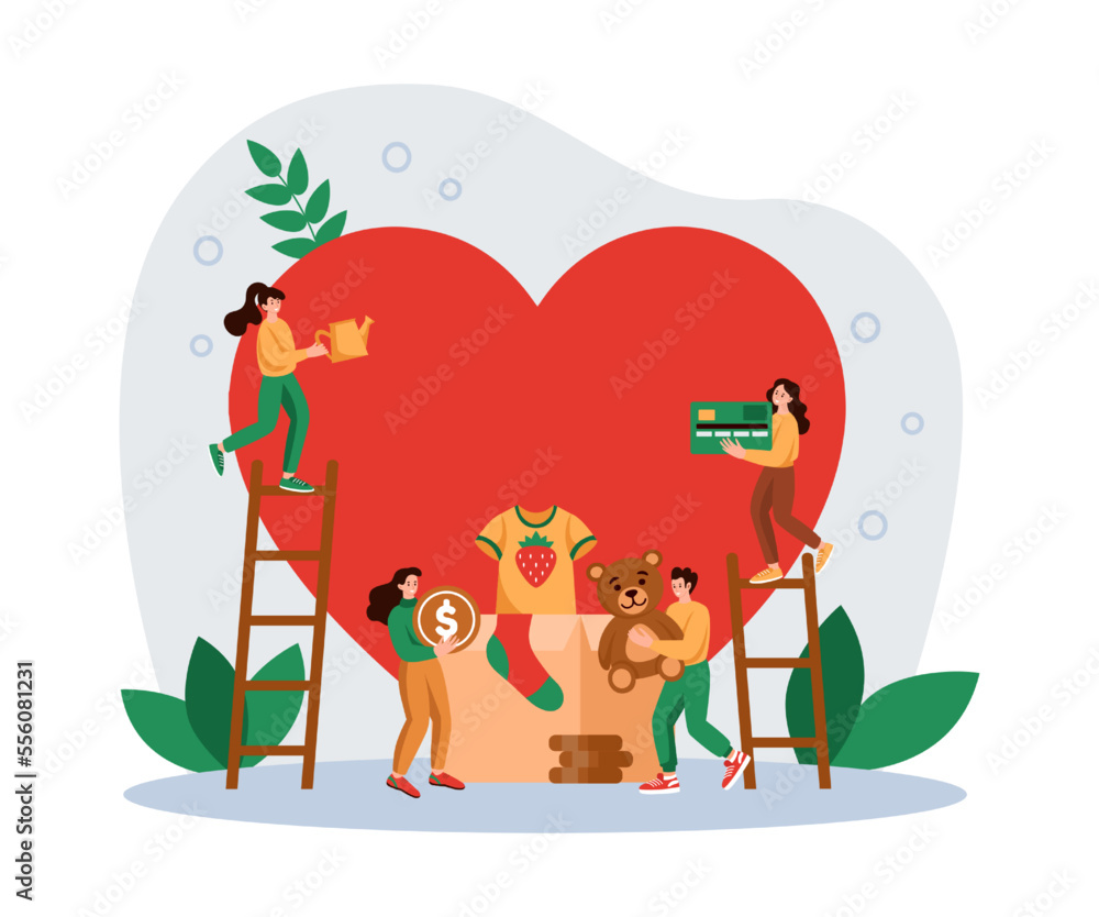 Fototapeta premium Volunteer community. Charity help. Box for donations. Persons put clothes in container. People care or give donate. Love heart. Support and hope. Vector cartoon tidy philanthropy concept