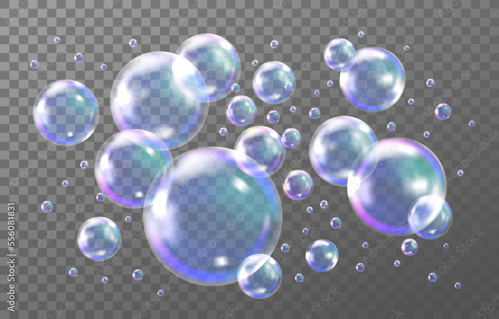 Transparent rainbow soap, 3d flying balls. Color water realistic objects isolated on black, blue circle air drops, glossy spheres. Shampoo foam. Vector reflection neoteric background