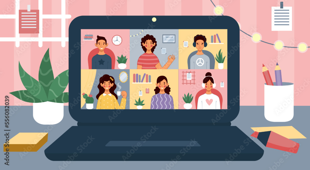 Virtual online conference, zoom. Remote team work on computer, distance business. Laptop on table with people on screen. Freelance workers, web communication. Vector cartoon flat tidy concept Virtual online conference, zoom. Remote team work on computer, distance business. Laptop on table with people on screen. Freelance workers, web communication. Vector cartoon flat tidy concept