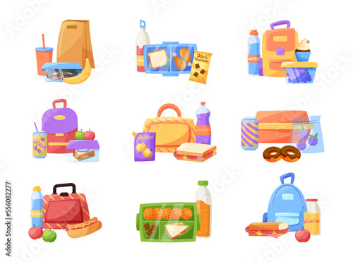 Kids snack, sandwich and drinks, lunch box. Breakfast food pack in lunchbox, healthy children bag, school container. Fruits and bottles. Bread and cheese. Vector cartoon garish illustration