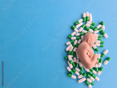 Fetal embryo model and medical drug pills photo