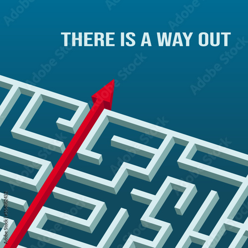 3D labyrinth or maze. Short way arrow. Solution concept. Business break. Success reward. Straight route. Line puzzle about innovation. Problem decision. Vector flat tidy illustration
