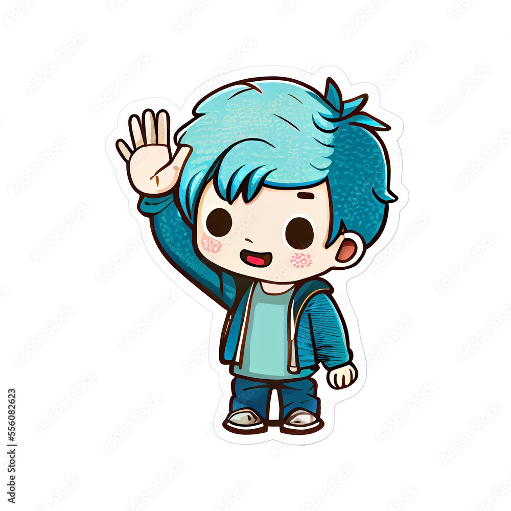 Anime girl saying hi and waving hand to greet person with smile face, Hello or high five gesture. AI generated content