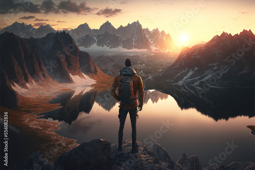 mountaineer man watching mountain and lake view at sunset. back view. Generative AI © bahadirbermekphoto
