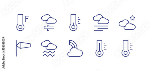 Weather line icon set. Editable stroke. Vector illustration. Containing farenheit thermometer, windy overcast, low temperature, overcast fog, night overcast, windsock, overcast mist, cloud rainbow. photo