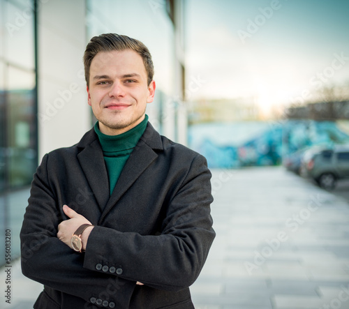 Portait Handsome Businessman,Teacher,Educator Standing Whit Arms Crossed Outside Looking At Camera.