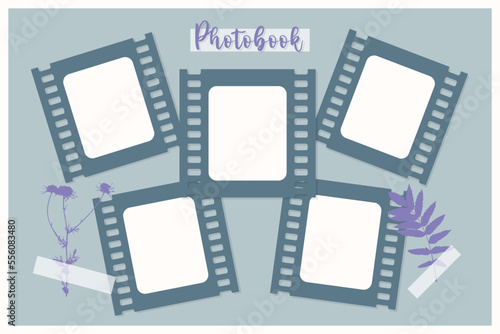 Photobook Frame for collage scrapbooking , film, photo frame, purple camomile leaf flower print, herbarium.