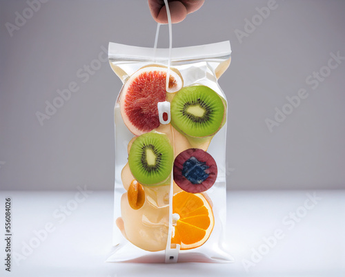 Doctor holding saline bag fruit. Fruits Serum. iv serum bag photo