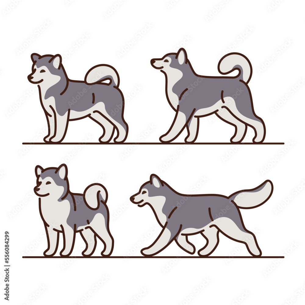 Cartoon husky dogs sketch line icon. Сute dog icons set. Childish print for nursery, kids apparel, poster, postcard, pattern.