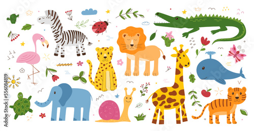 Cute jungle animal silhouettes, floral elements. Zebra, snail and turtle, tiger baby, lion and giraffe, wild african zoo, safari collection. Childish decor. Vector cartoon utter illustration
