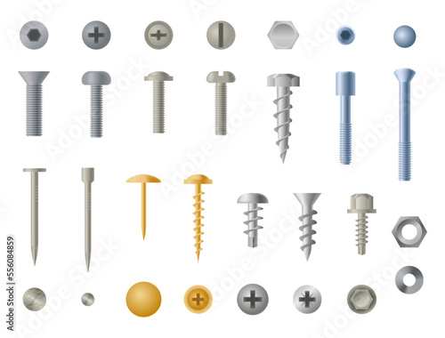 Hardware screw, bolt, nut nail. Metal hook and drill, steel and gold colored instruments for building workshop. 3d elements construction industry. Vector realistic illustration utter supplies