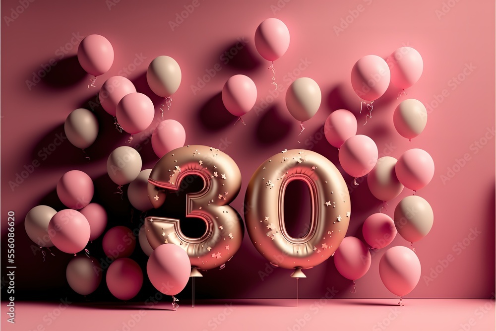 Happy 30th Birthday With Number 30 And Balloons On Pink Background