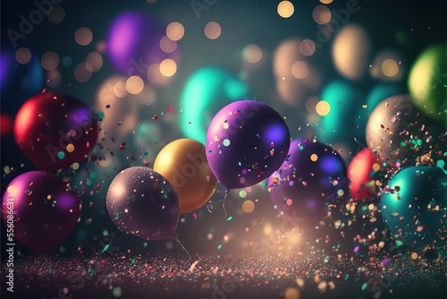Birthday Party Atmosphere Glowing Balloons Falling Down With Confetti And Blur Background With Balloons On It Generative AI © Aleksandar