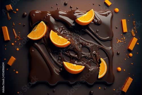 Melted Chocolate With Orange Slice Pieces On It Black Milk Chocolate Melted On Table Generative AI