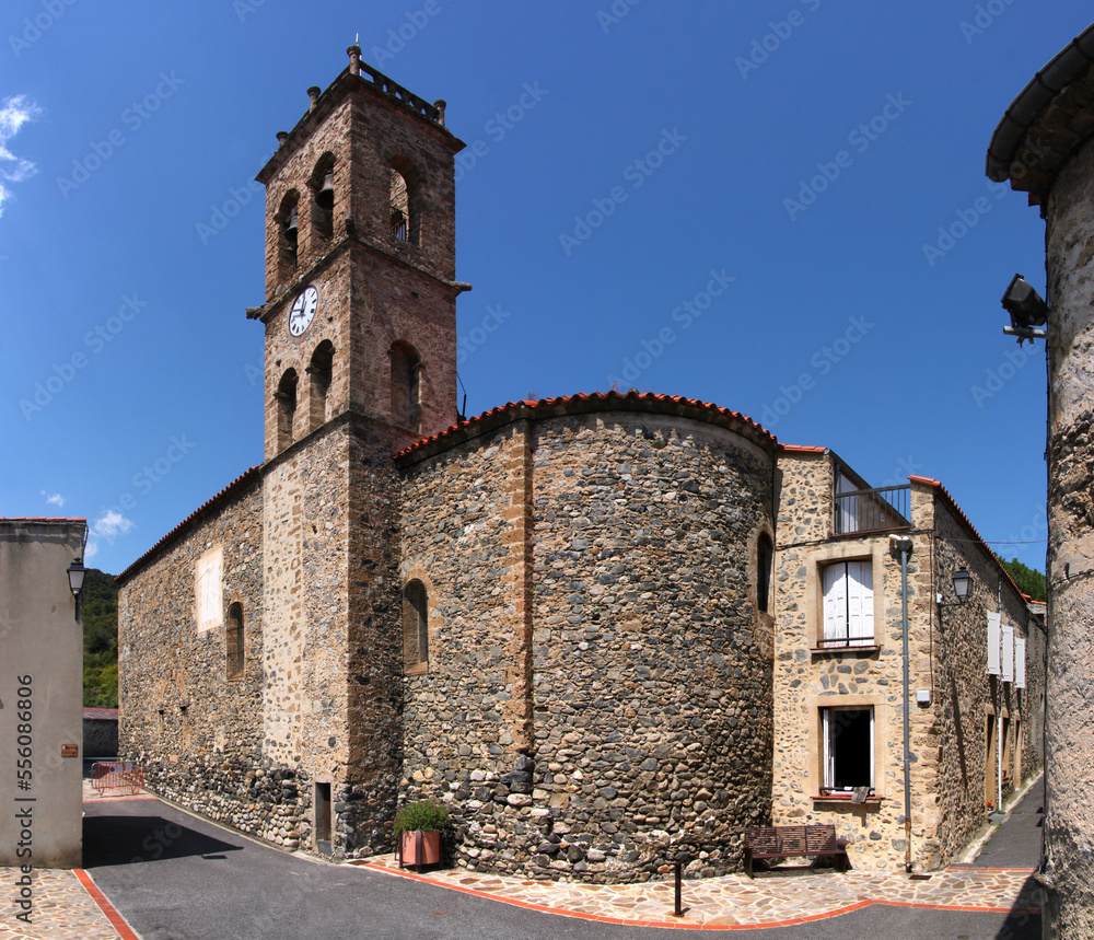 Medieval village church with romanesque bell tower in Pézilla-de-Conflent , Occitanie region in France
