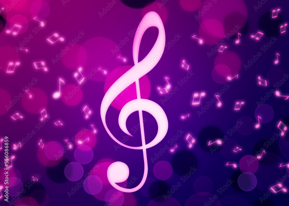 Treble clef and music notes flying on pink and purple background, bokeh effect. Beautiful illustration design Treble clef and music notes flying on pink and purple background, bokeh effect. Beautiful illustration design