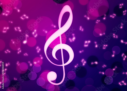 Treble clef and music notes flying on pink and purple background  bokeh effect. Beautiful illustration design