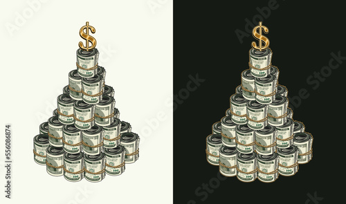 Money tower, pyramid like cake made of money rolls of 100 US dollar bills. Gold shiny dollar sign on top. Concept of success and wealth