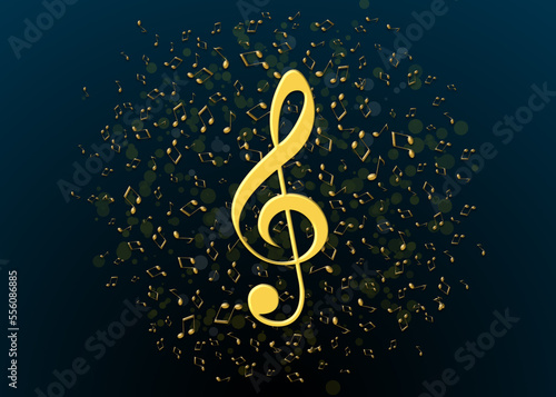 Golden treble clef among many music notes on blue background  bokeh effect. Beautiful illustration design